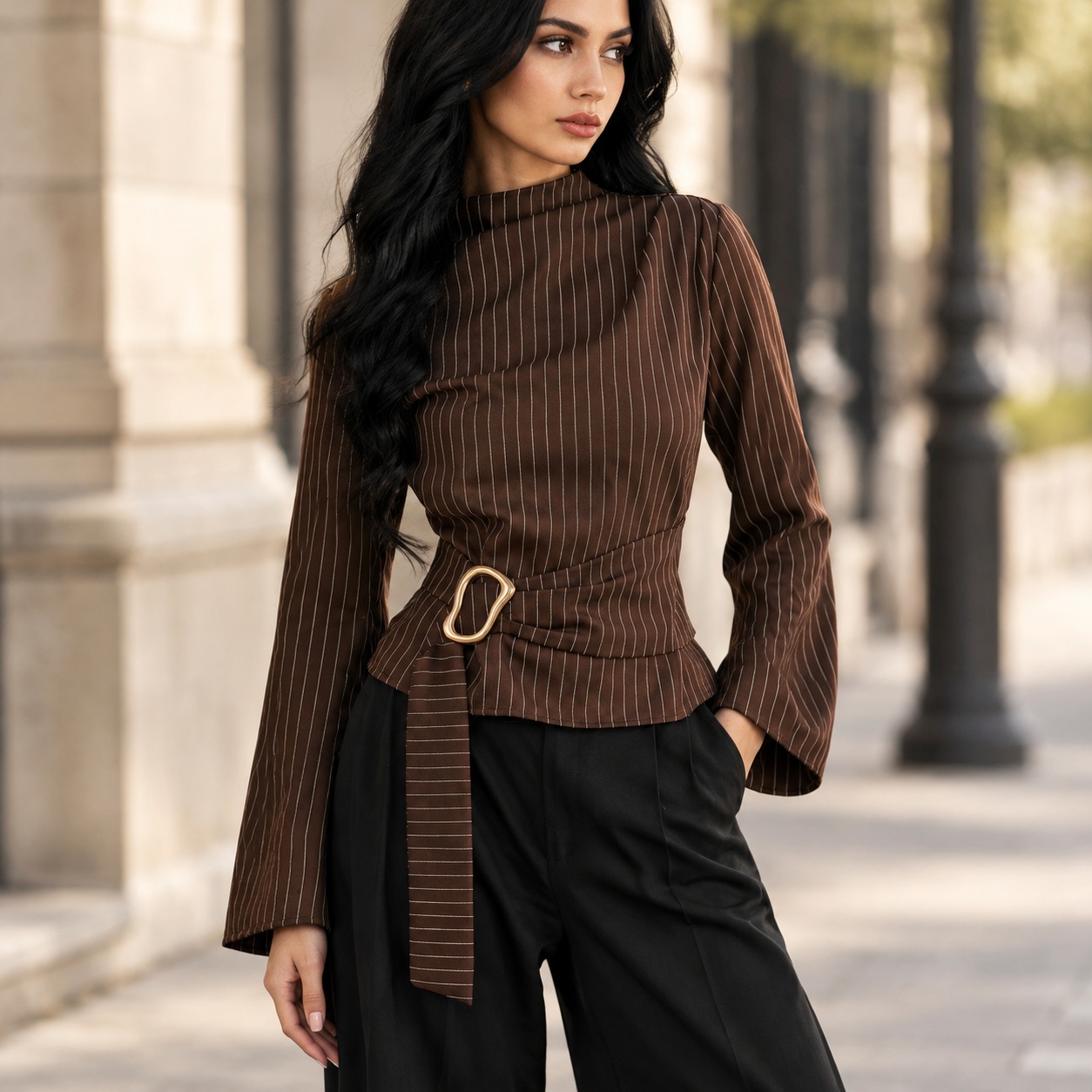Tie Bell Sleeve Top Fitted Wai - Women Fashion Necktie review and price
